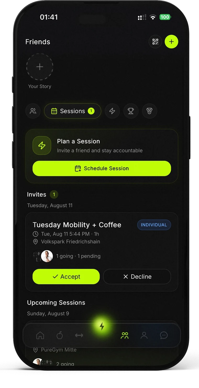 The HAVYT app on an iPhone showing the Friends screen with a planned session, an invite to accept and upcoming sessions