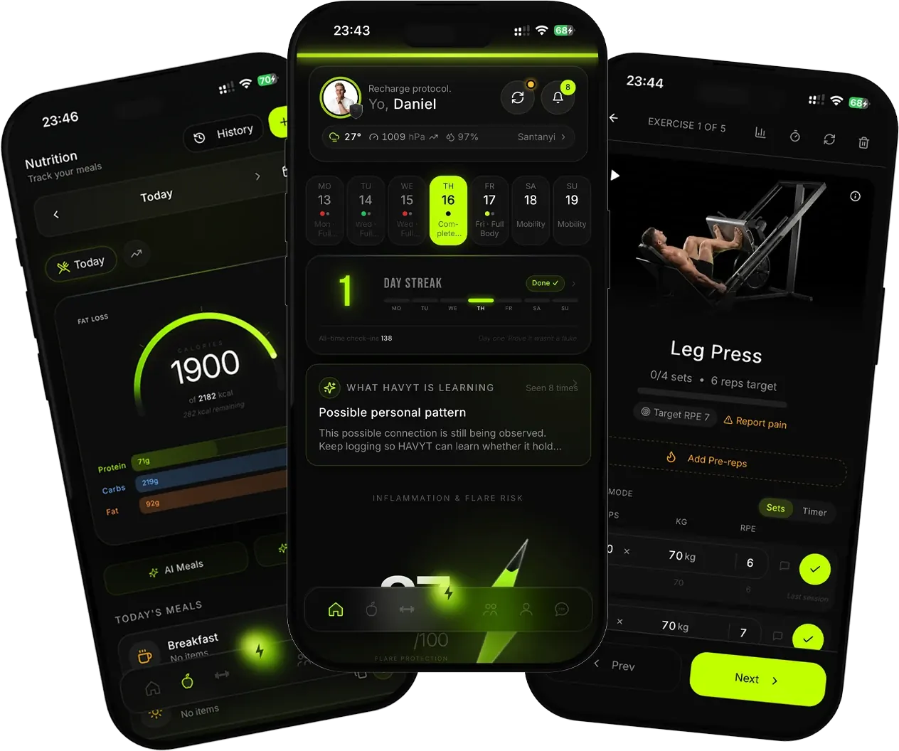 The HAVYT app on three iPhones: simple food logging, a home check-in and readiness view, and a training session for logging sets