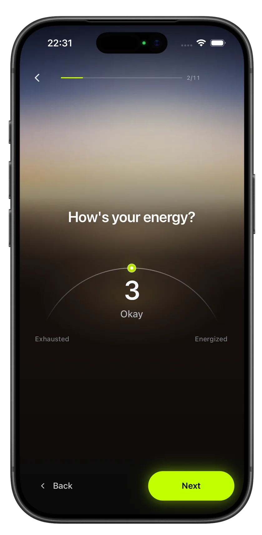 HAVYT Daily Check-in, step 2 of 11: “How’s your energy?” with a curved dial set to 3, Okay, between Exhausted and Energized