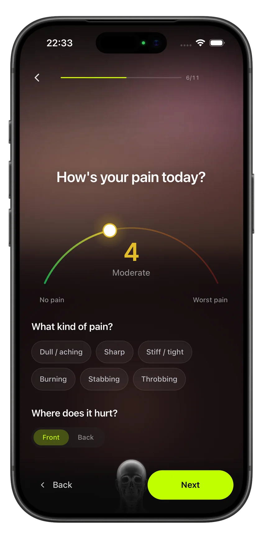 HAVYT Daily Check-in, step 6 of 11: “How’s your pain today?” with the dial at 4, Moderate, pain type chips such as Dull, Sharp and Stiff, and a front/back body view for where it hurts