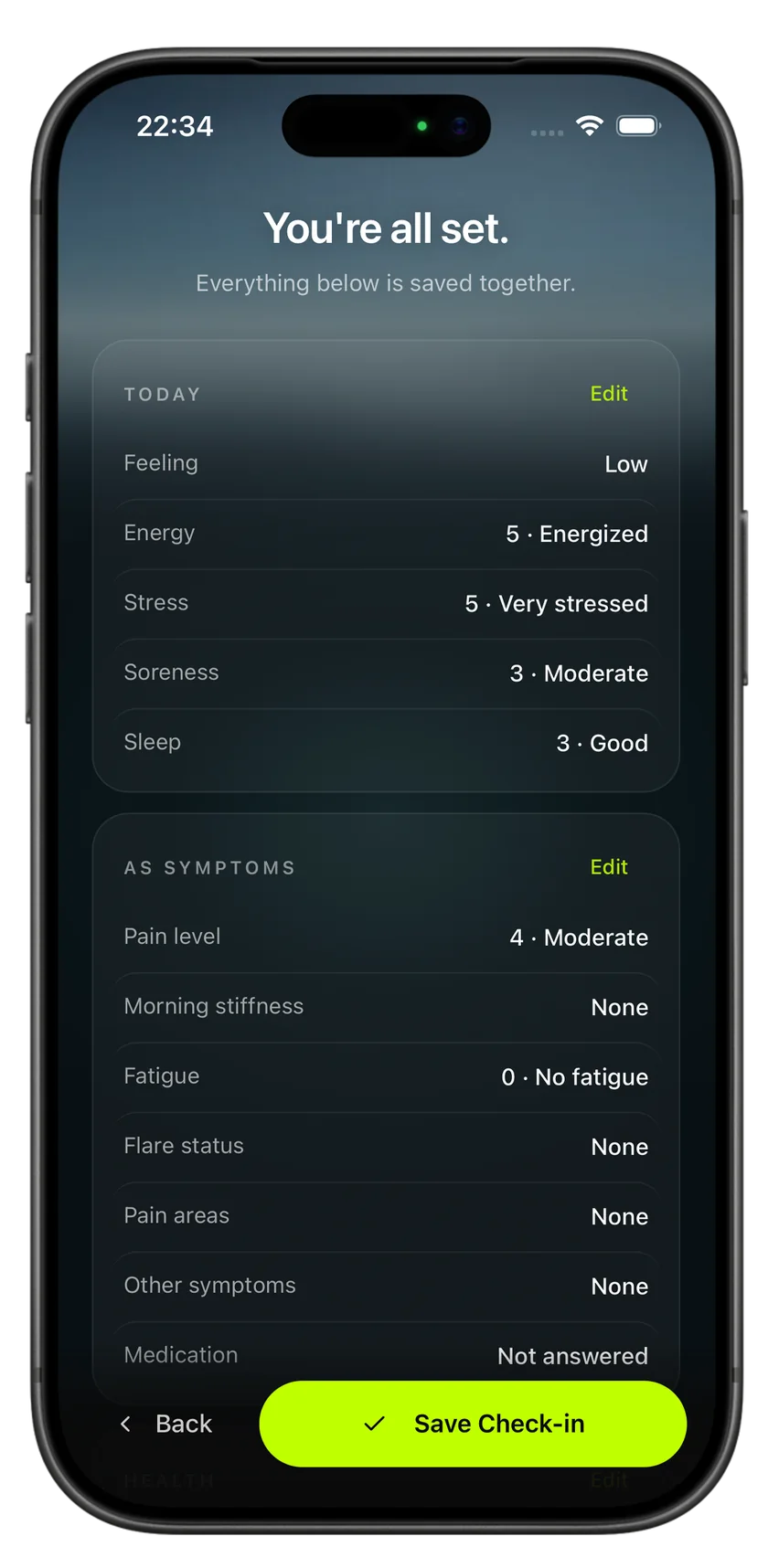 HAVYT Daily Check-in review screen titled “You’re all set”, listing Today values for feeling, energy, stress, soreness and sleep, and AS Symptoms such as pain level, morning stiffness, fatigue and flare status, above a Save Check-in button