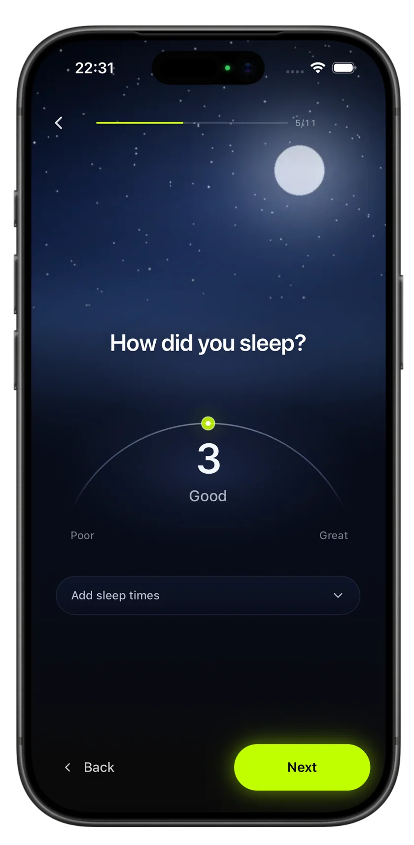 HAVYT Daily Check-in, step 5 of 11: “How did you sleep?” on a starry night background, dial set to 3, Good, with an option to add sleep times