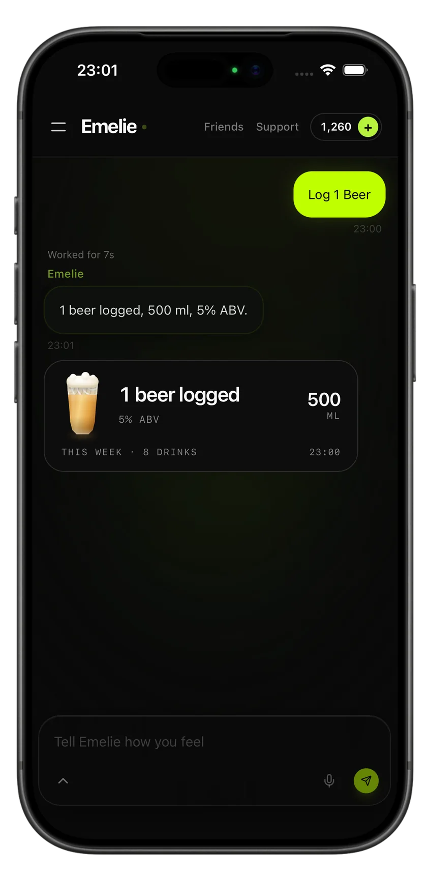 Emelie chat in HAVYT: the message “Log 1 Beer” answered with “1 beer logged, 500 ml, 5% ABV” and a card showing this week’s drink count