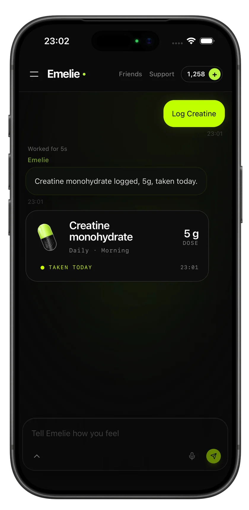 Emelie chat in HAVYT: the message “Log Creatine” answered with “Creatine monohydrate logged, 5 g, taken today” and a card marked Taken today