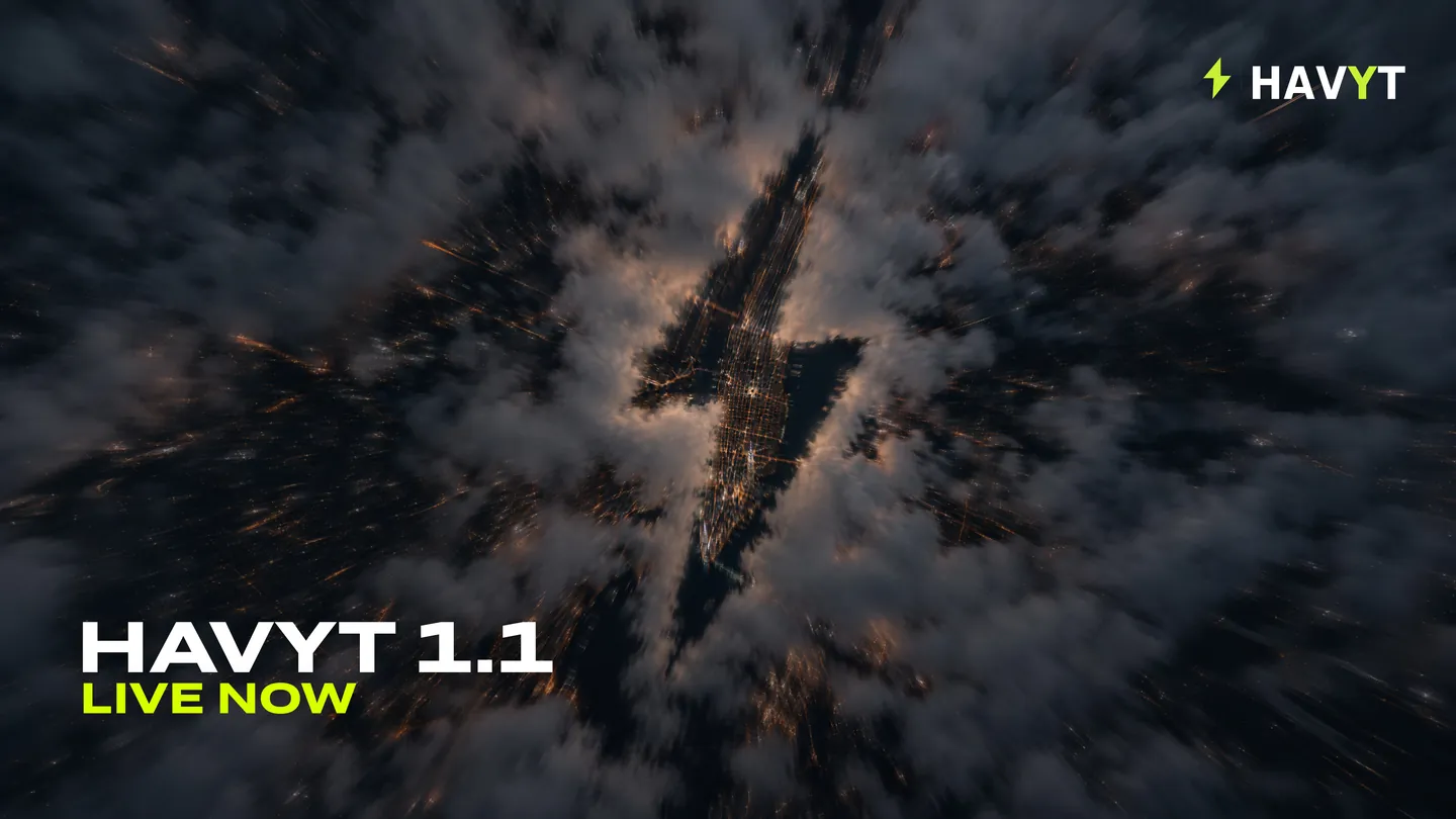 HAVYT 1.1, live now: a lime lightning bolt of city lights seen from above through night clouds