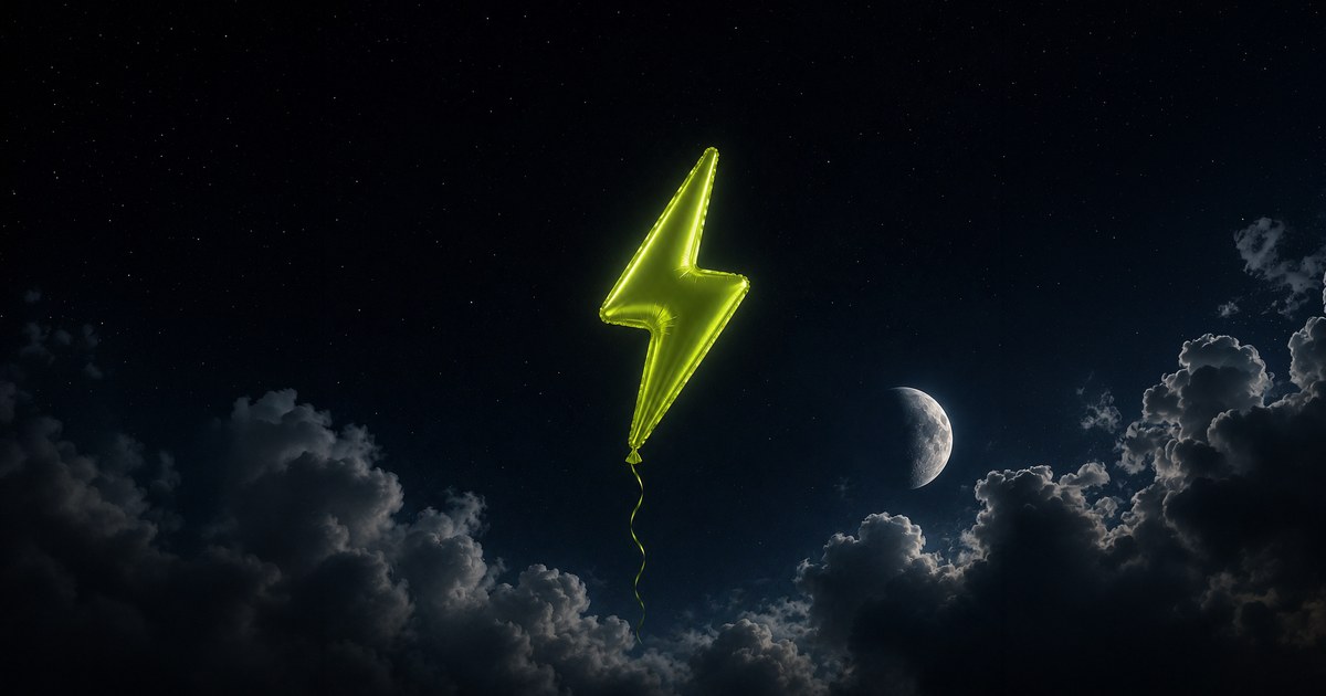 A lime lightning-bolt balloon rising through night clouds beside a crescent moon