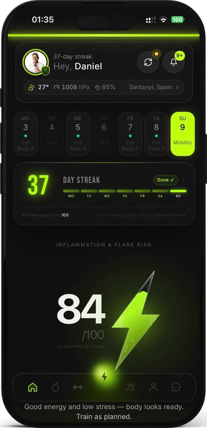 The HAVYT home screen on iPhone: the week’s plan with a mobility day, a 37-day streak and today’s score