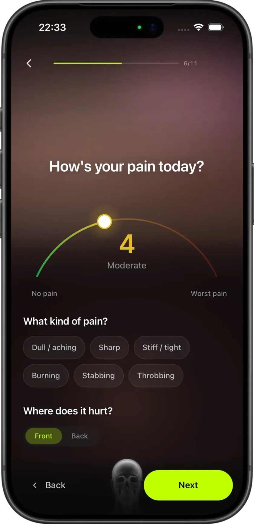 The HAVYT daily check-in on iPhone, asking how your pain is today on a scale from no pain to worst pain