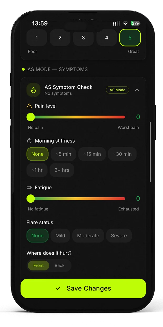 Der Symptom-Check im AS-Modus von HAVYT mit Schmerzstärke, Dauer der Morgensteifigkeit, Müdigkeit und Schubstatus